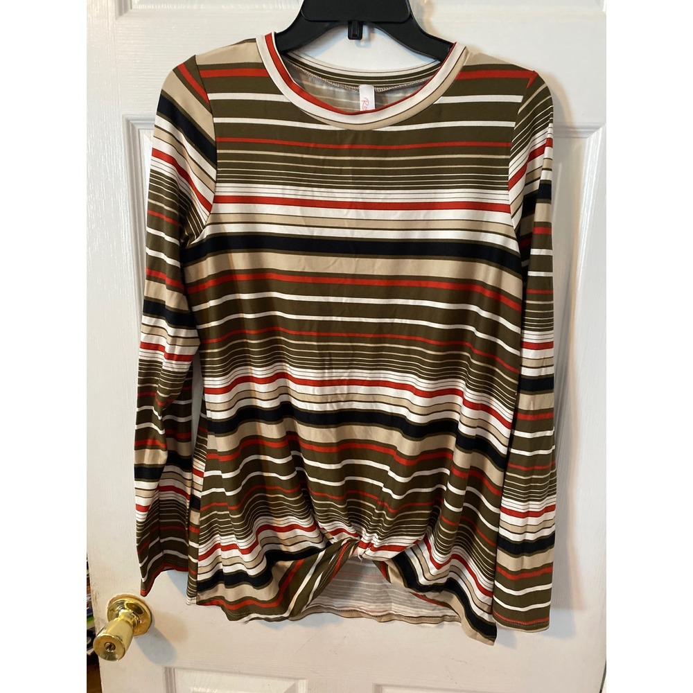 Red Lolly Womens Long Sleeve Striped Front Twist Knot Top Olive Red Large RL7105